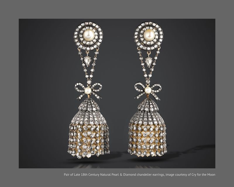 Pair of Late 18th Century Natural Pearl & Diamond chandelier earrings, image courtesy of Cry for the Moon